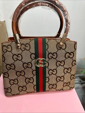 Designer-Inspired Brown Monogram Satchel with Green-Red Stripe